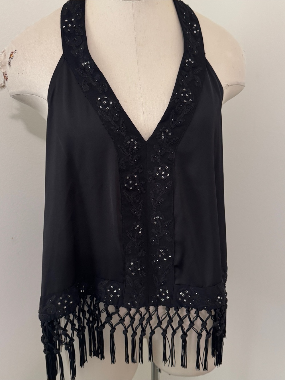 Zara Medium Black Halter Top ~ Fringe Trim Sequins Open Back Party Club